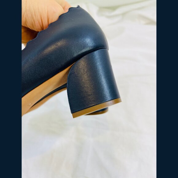 Chloe Scalloped Edge Blue Leather Block Heels - Size 39 - Picture 9 of 16